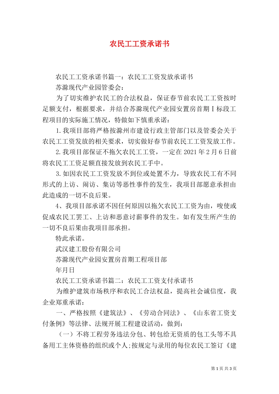农民工工资承诺书（八）_第1页