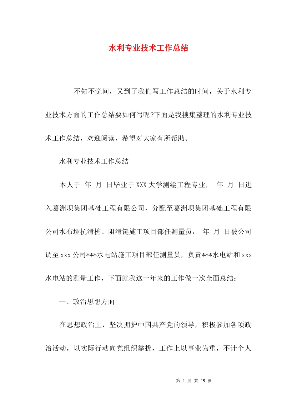 （精选）水利专业技术工作总结_第1页