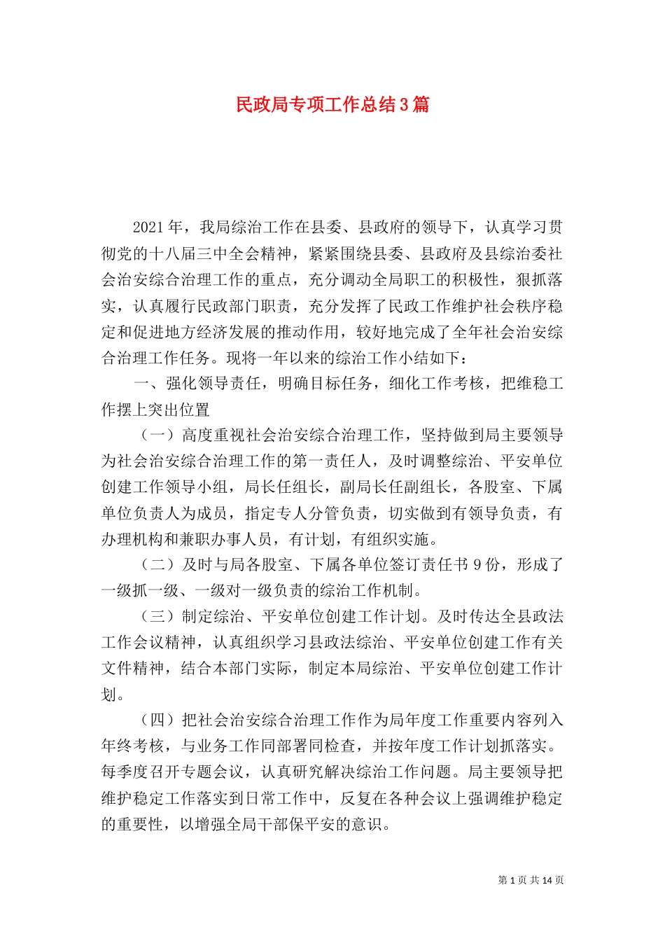 民政局专项工作总结3篇（一）_第1页