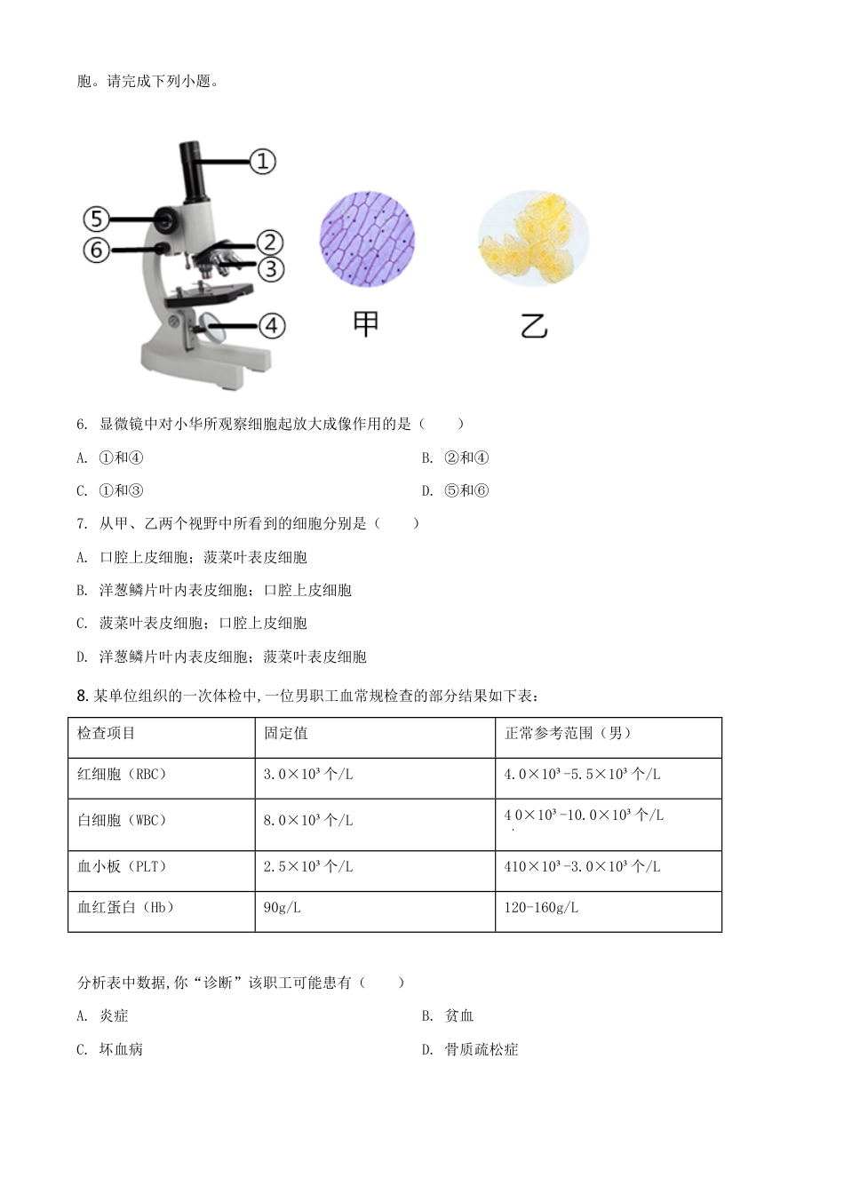 精品解析：山西省阳泉市2020年中考生物试题（原卷版）_第2页