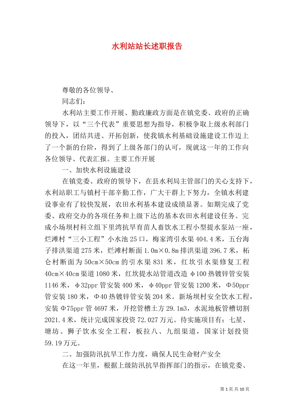 水利站站长述职报告（一）_第1页