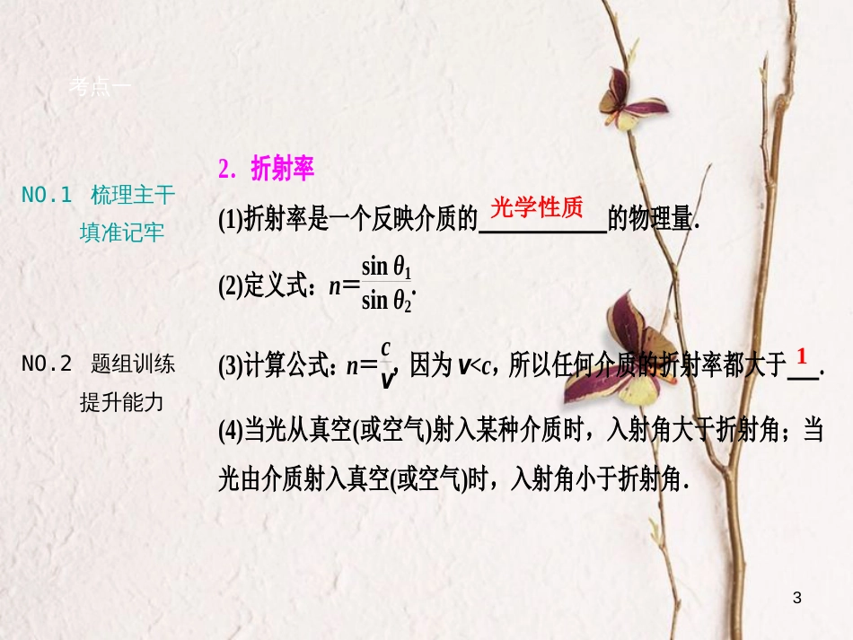 优化探究（新课标）高三物理一轮复习 第12章 机械振动 机械波 光 电磁波 相对论简介 第3讲 光的折射 全反射（实验 测定玻璃的折射率）课件_第3页