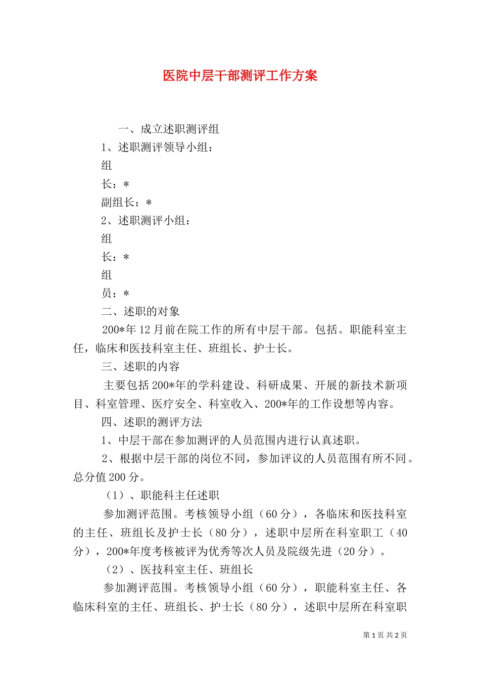 医院中层干部测评工作方案_第1页