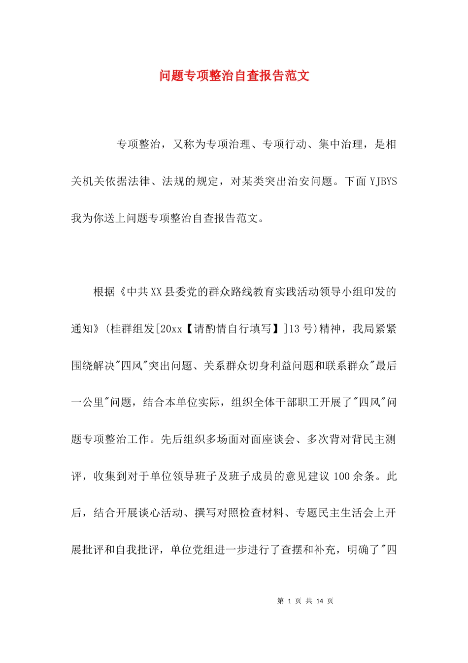 问题专项整治自查报告范文_第1页