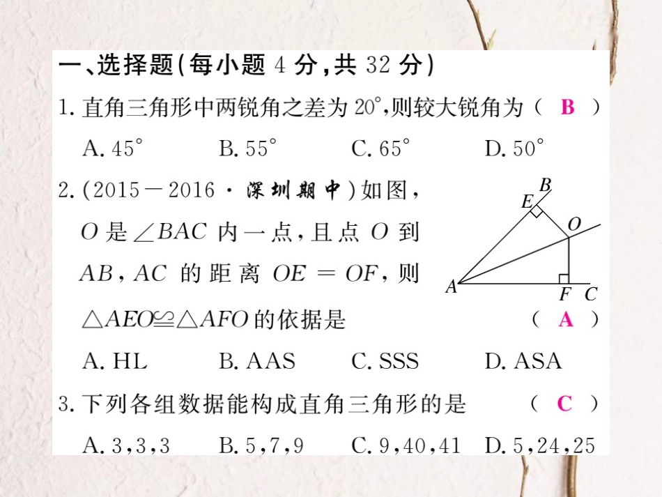 八年级数学上册 17 特殊三角形综合滚动练习 直角三角形的相关性质与判定课件 （新版）冀教版_第2页
