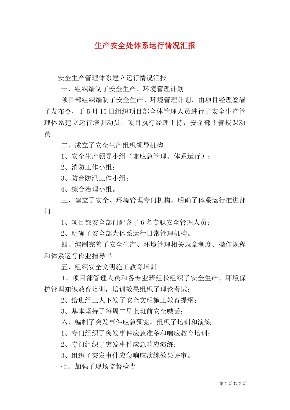 生产安全处体系运行情况汇报（二）_第1页