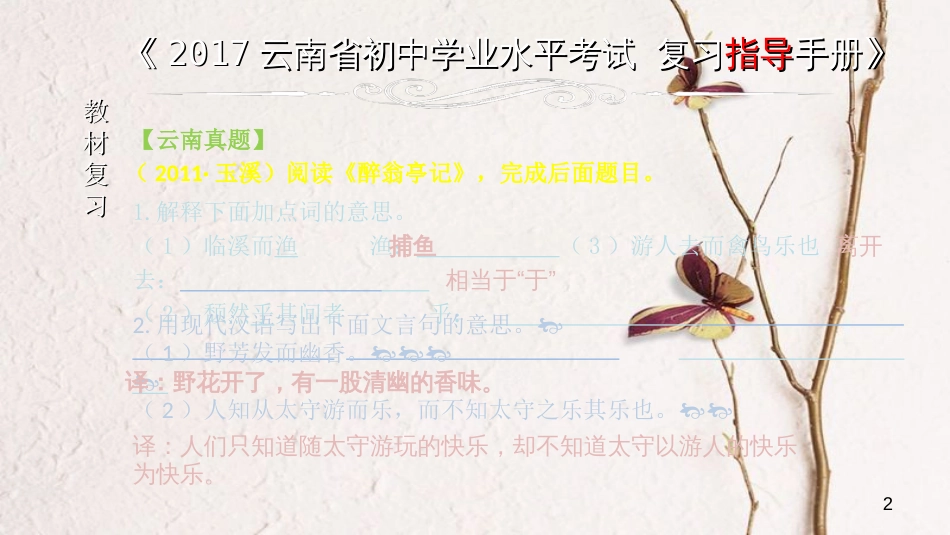 云南省中考语文 专题一 文言文阅读 本土名师复习计划（十三）《醉翁亭记》复习课件_第2页