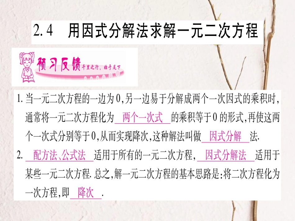 九年级数学上册 2.4 用因式分解法求解一元二次方程习题课件 （新版）北师大版_第1页