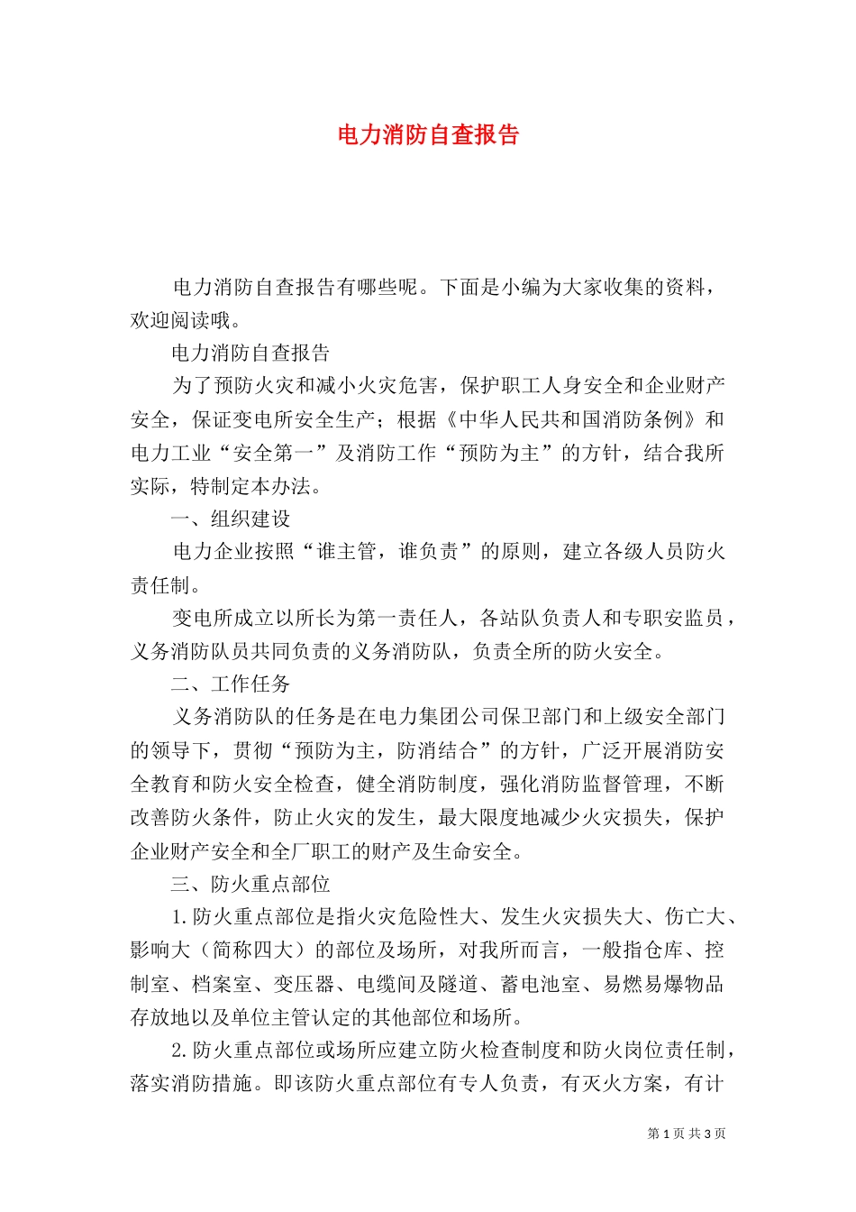 电力消防自查报告_第1页