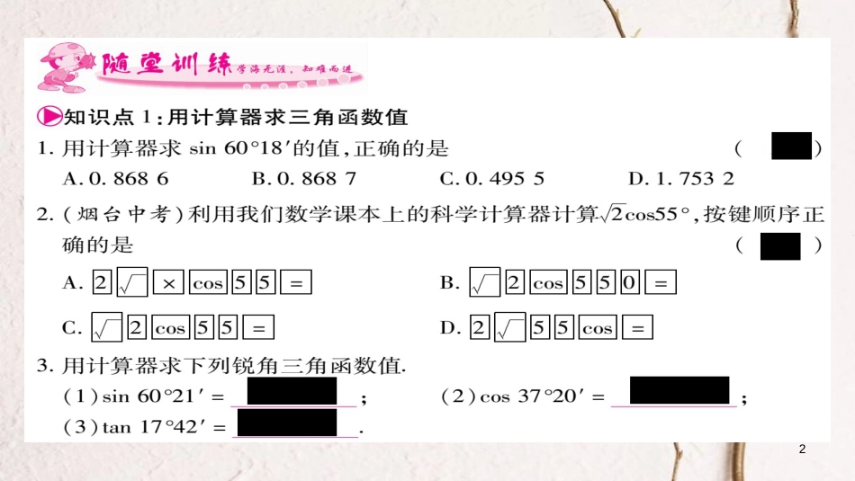 九年级数学下册 第一章 直角三角形的边角关系 1.3《三角函数的计算》习题课件 （新版）北师大版_第2页