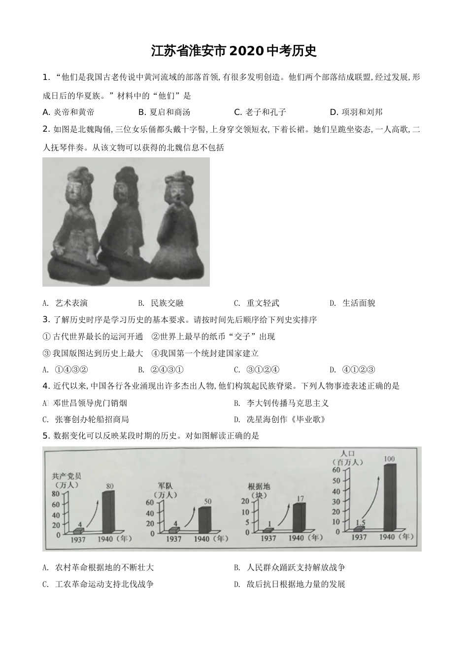 精品解析：江苏省淮安市2020年中考历史试题（原卷版）_第1页