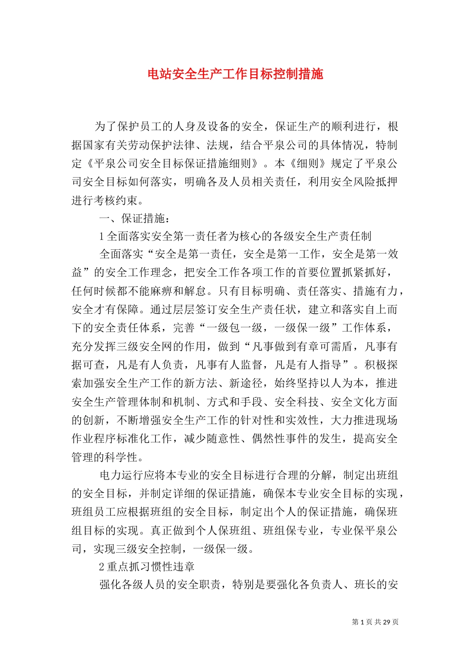 电站安全生产工作目标控制措施_第1页