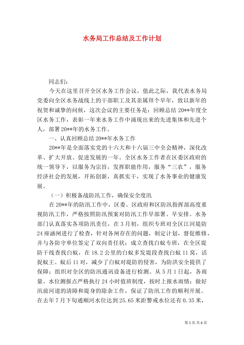 水务局工作总结及工作计划_第1页