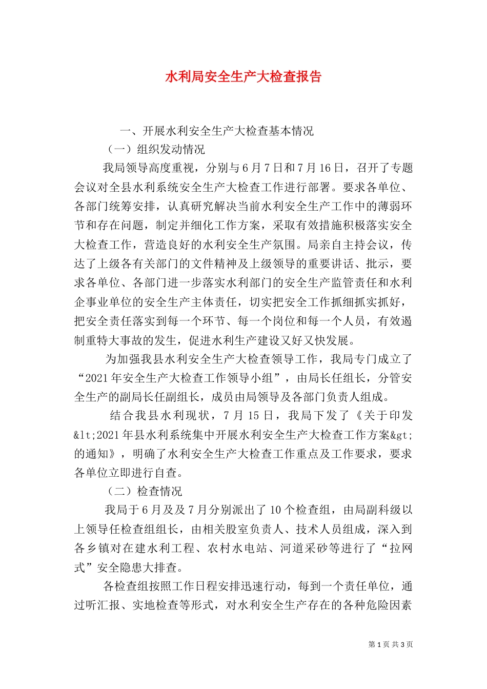 水利局安全生产大检查报告（一）_第1页