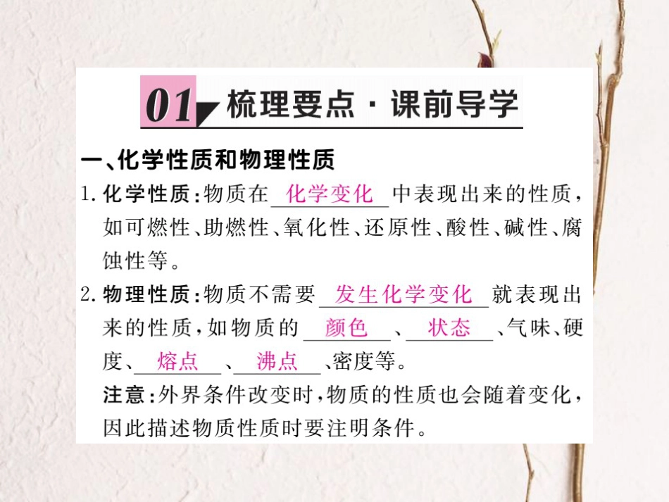 （贵州专）九年级化学上册 第一单元 课题1 第2课时 化学性质和物理性质复习课件 （新）新人教版_第1页