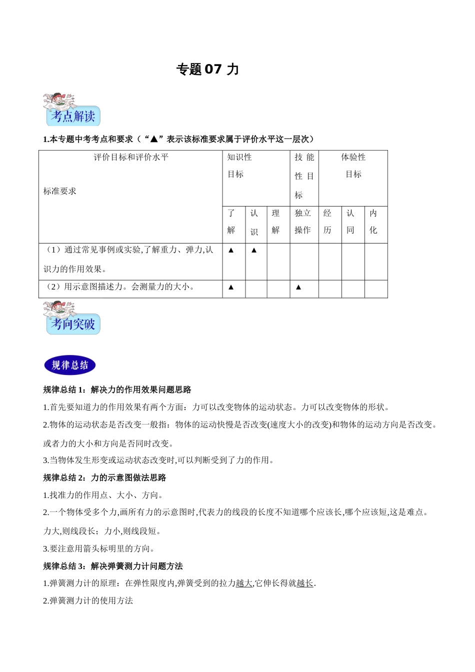 专题07 力（原卷版）_第1页