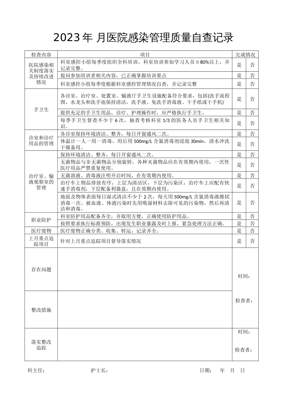 2023年 月医院感染管理质量自查记录_第1页