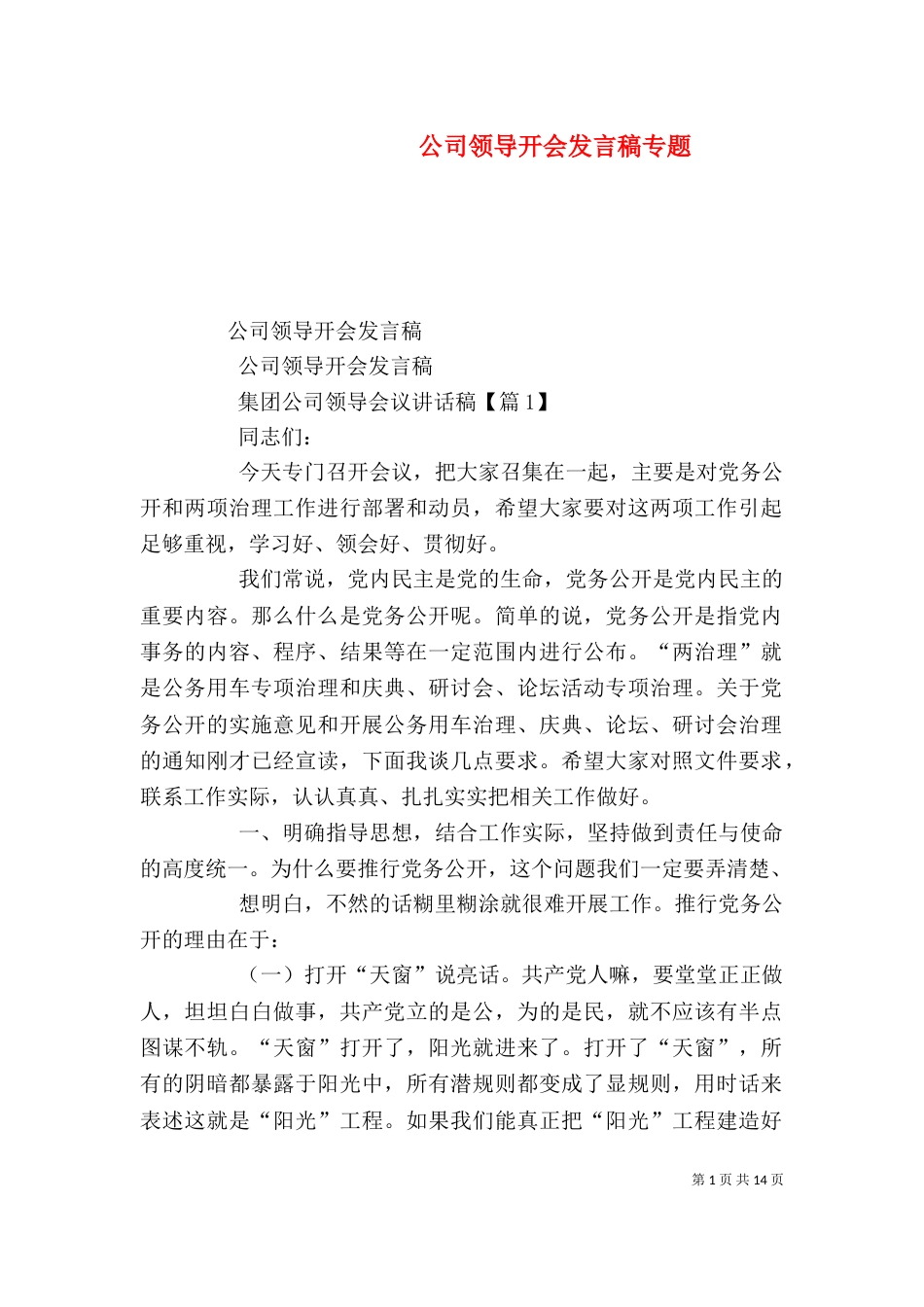 公司领导开会发言稿专题_第1页