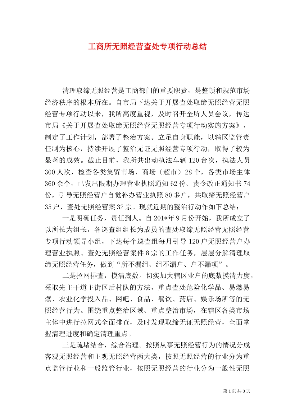 工商所无照经营查处专项行动总结_第1页