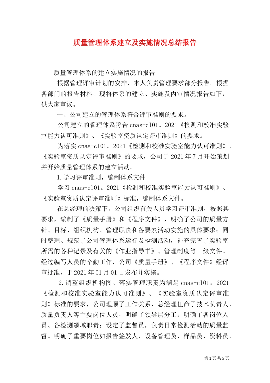 质量管理体系建立及实施情况总结报告（一）_第1页