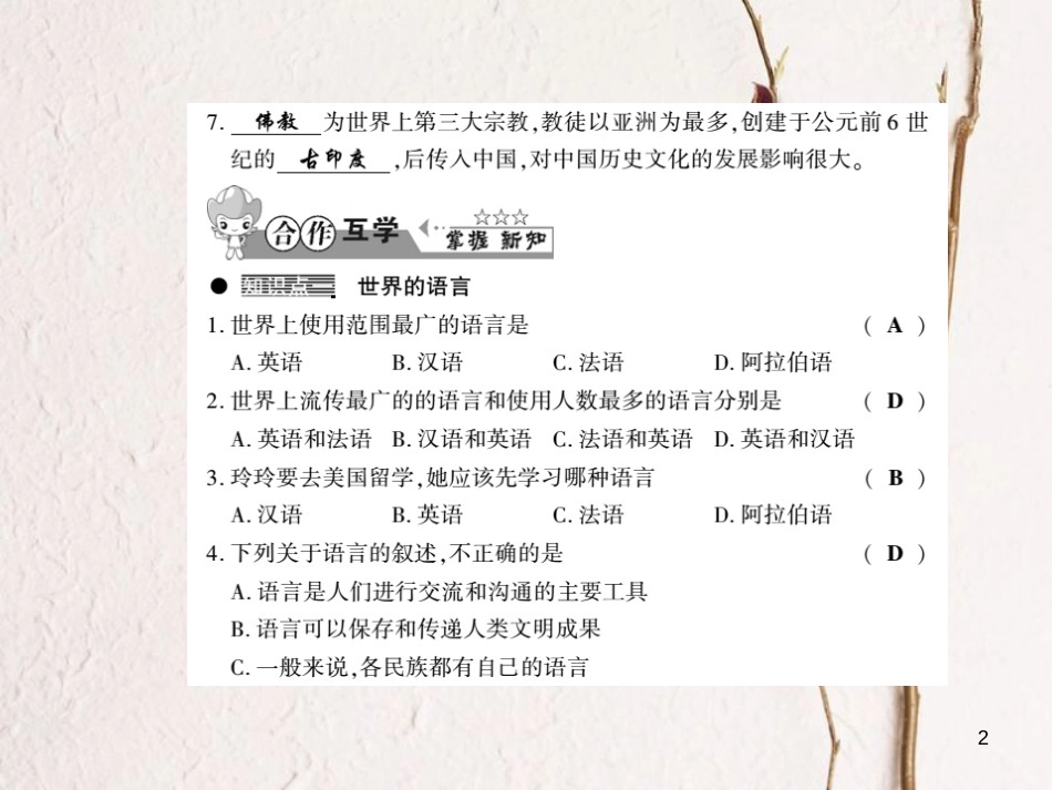 七年级地理上册 3.3 世界的语言与宗教习题课件 （新版）湘教版_第2页