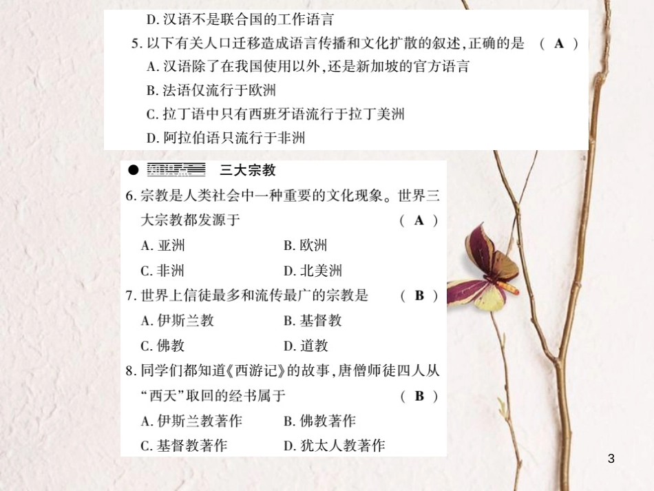 七年级地理上册 3.3 世界的语言与宗教习题课件 （新版）湘教版_第3页