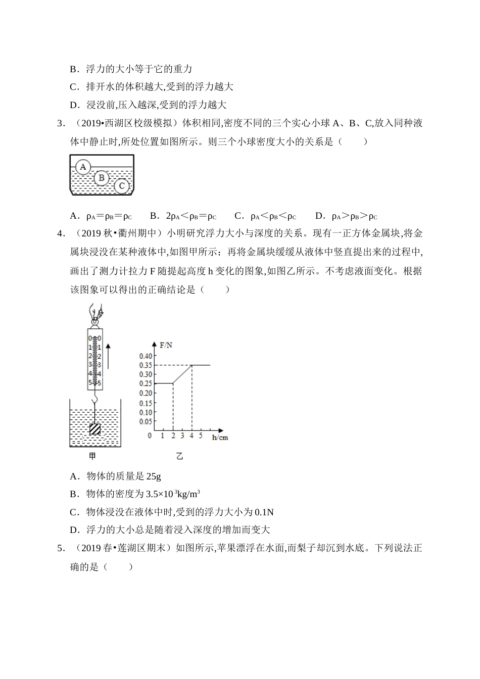 第十章 浮力（滚动）(原卷版）_第2页