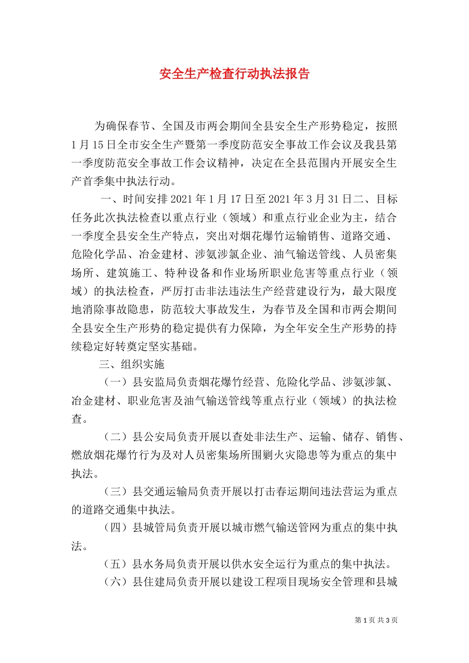 安全生产检查行动执法报告（一）_第1页