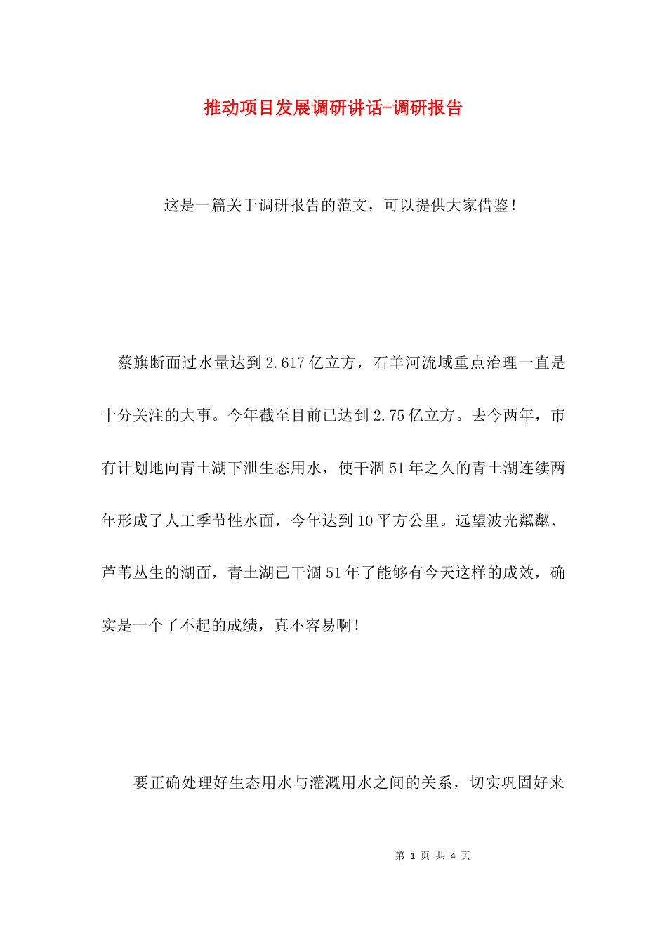 （精选）推动项目发展调研讲话-调研报告_第1页