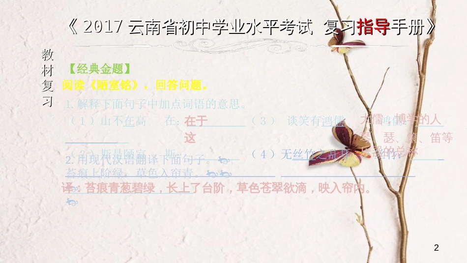 云南省中考语文 专题一 文言文阅读 本土名师复习计划（十）《陋室铭》复习课件_第2页