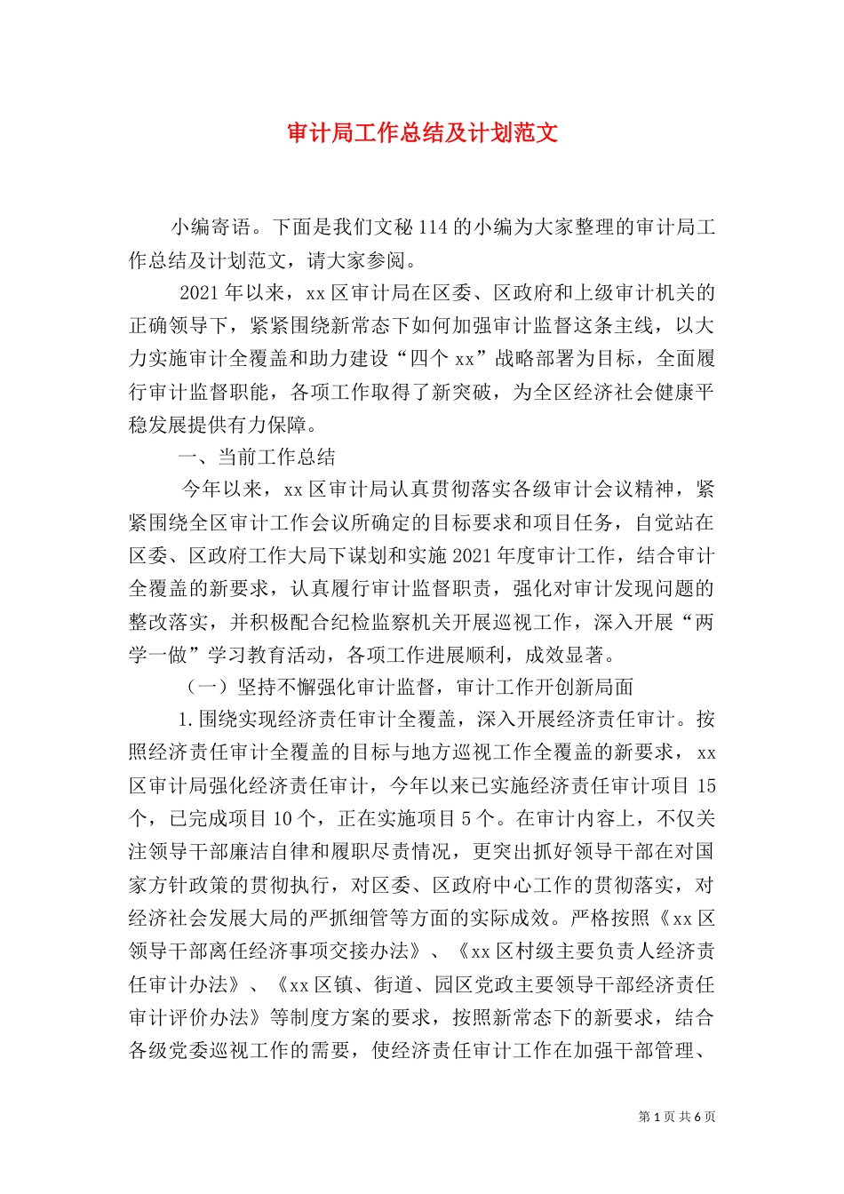 审计局工作总结及计划范文_第1页