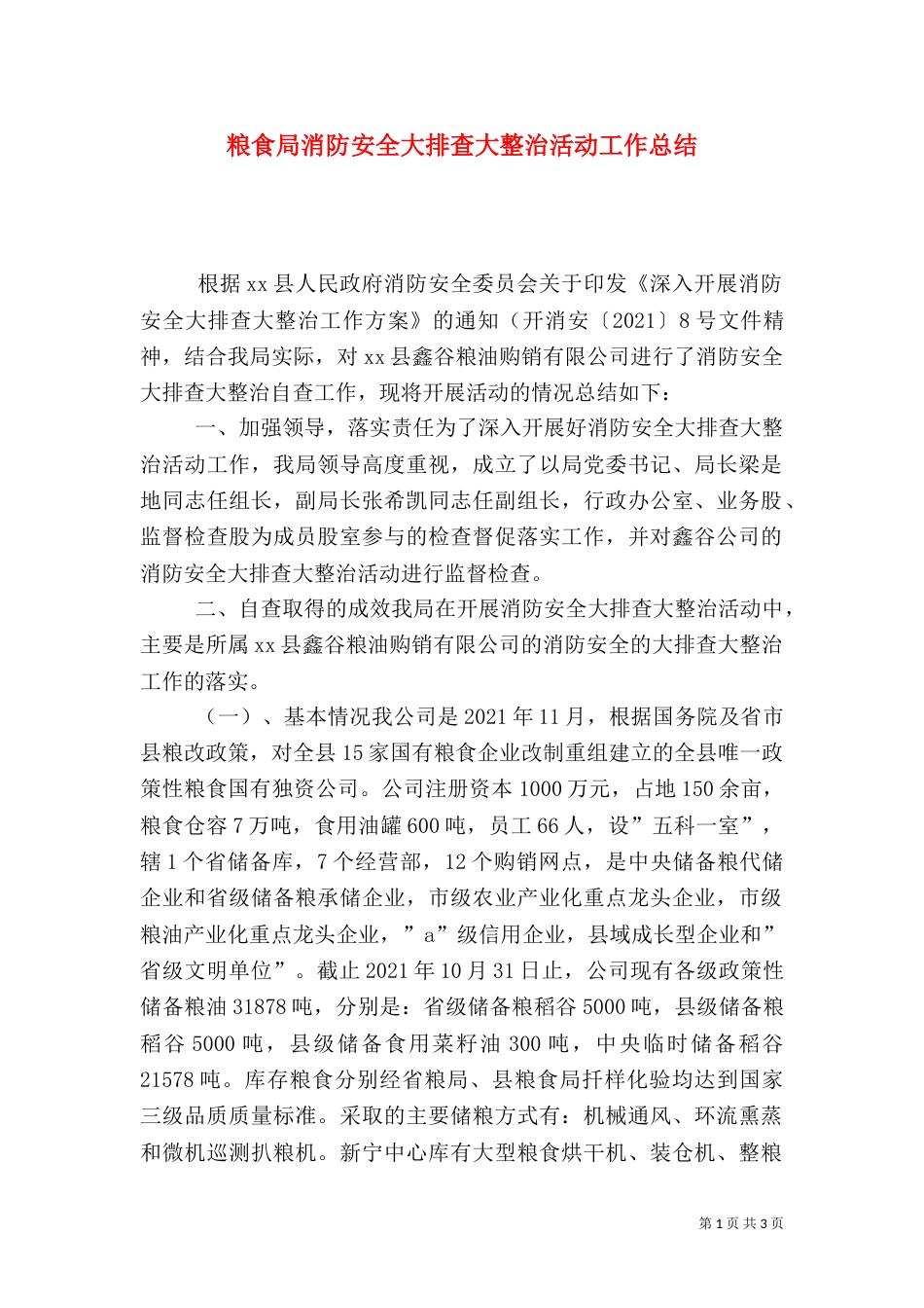 粮食局消防安全大排查大整治活动工作总结_第1页