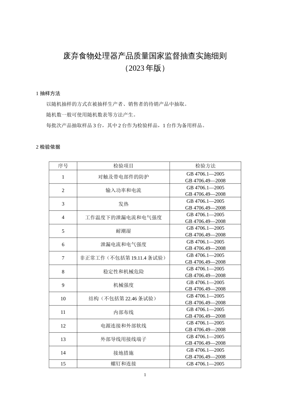 17 废弃食物处理器产品质量国家监督抽查实施细则（2023年版）_第1页