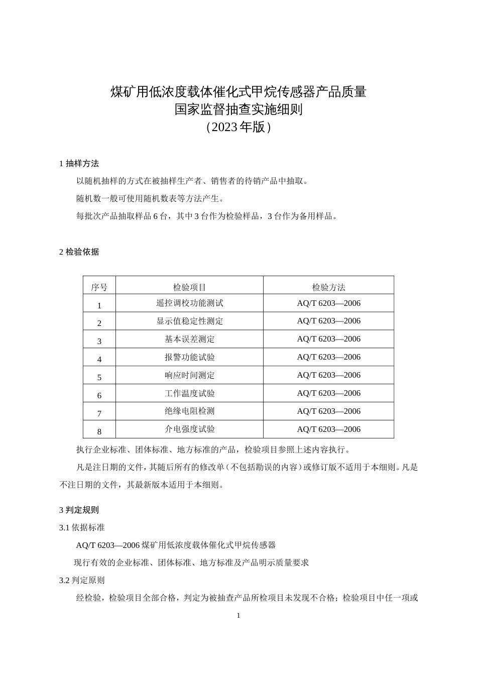 70 煤矿用低浓度载体催化式甲烷传感器产品质量国家监督抽查实施细则（2023年版）_第1页