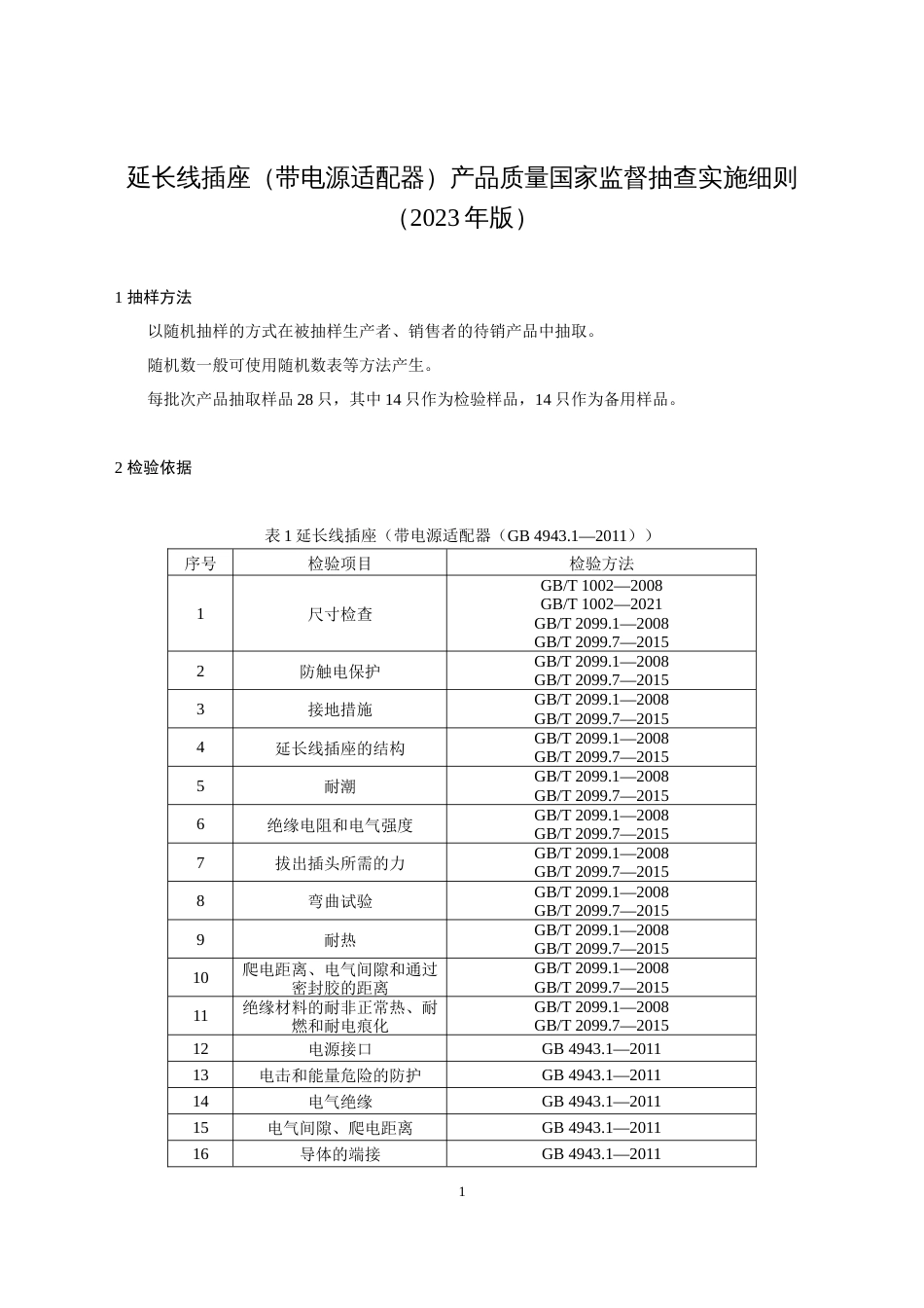 75 延长线插座（带电源适配器）产品质量国家监督抽查实施细则（2023年版）_第1页