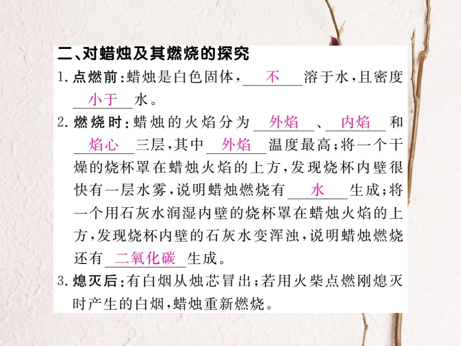 （贵州专）九年级化学上册 第一单元 课题2 第1课时 对蜡烛及其燃烧的探究复习课件 （新）新人教版_第3页