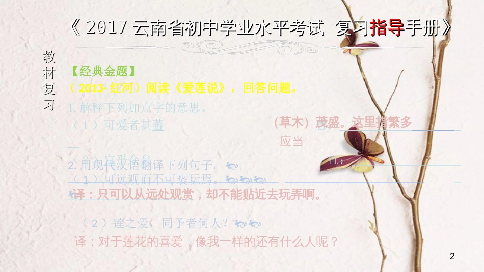 云南省中考语文 专题一 文言文阅读 本土名师复习计划（十五）《爱莲说》复习课件_第2页