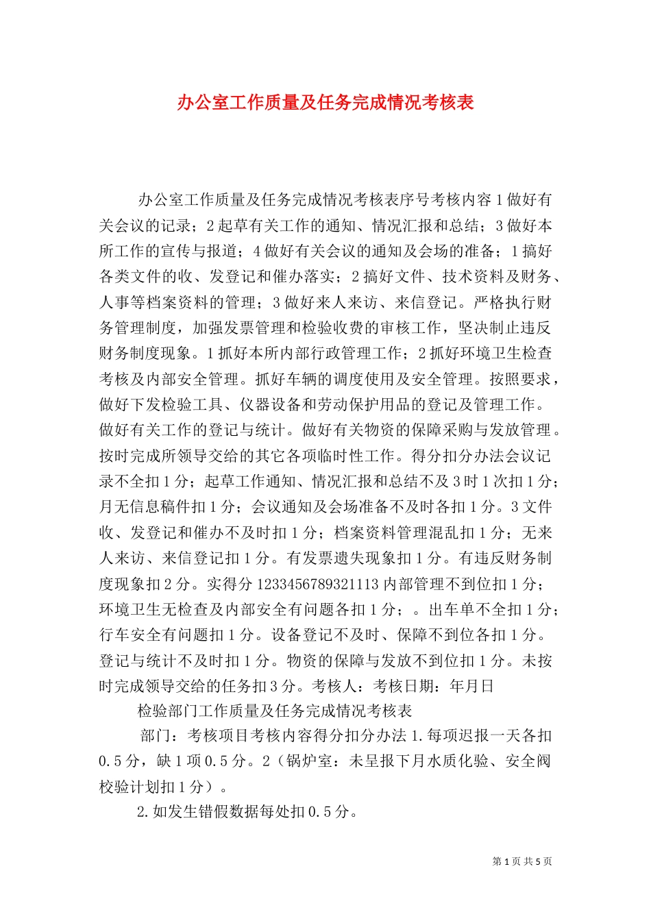 办公室工作质量及任务完成情况考核表_第1页