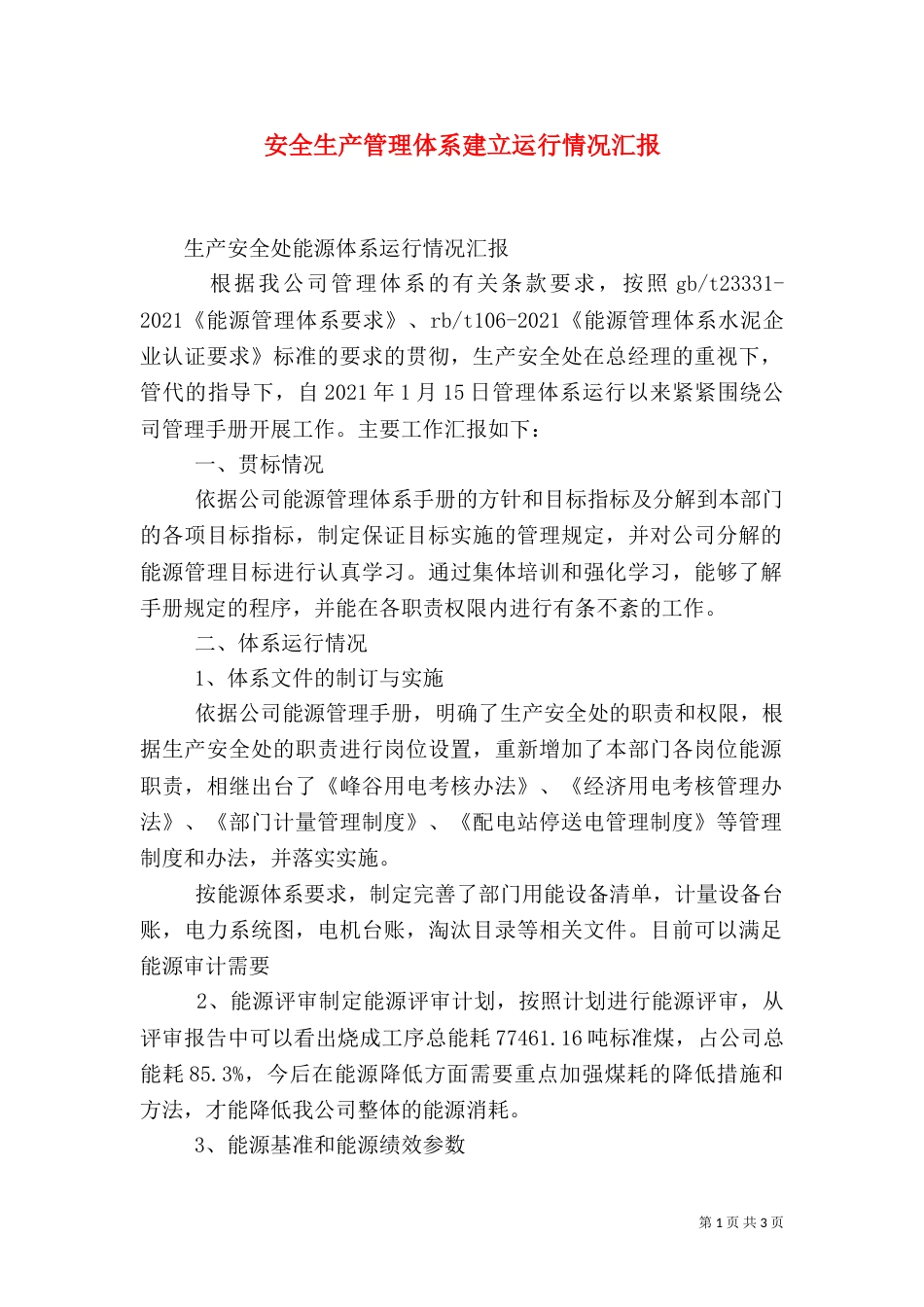 安全生产管理体系建立运行情况汇报（三）_第1页