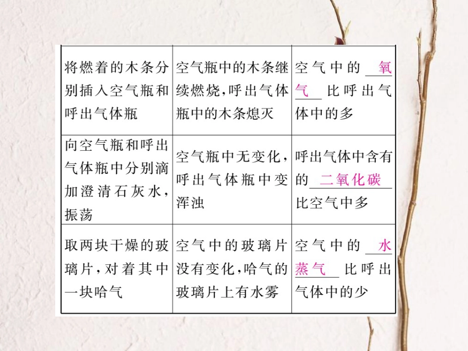 （贵州专）九年级化学上册 第一单元 课题2 第2课时 对人体吸入的空气和呼出的气体的探究复习课件 （新）新人教版_第3页