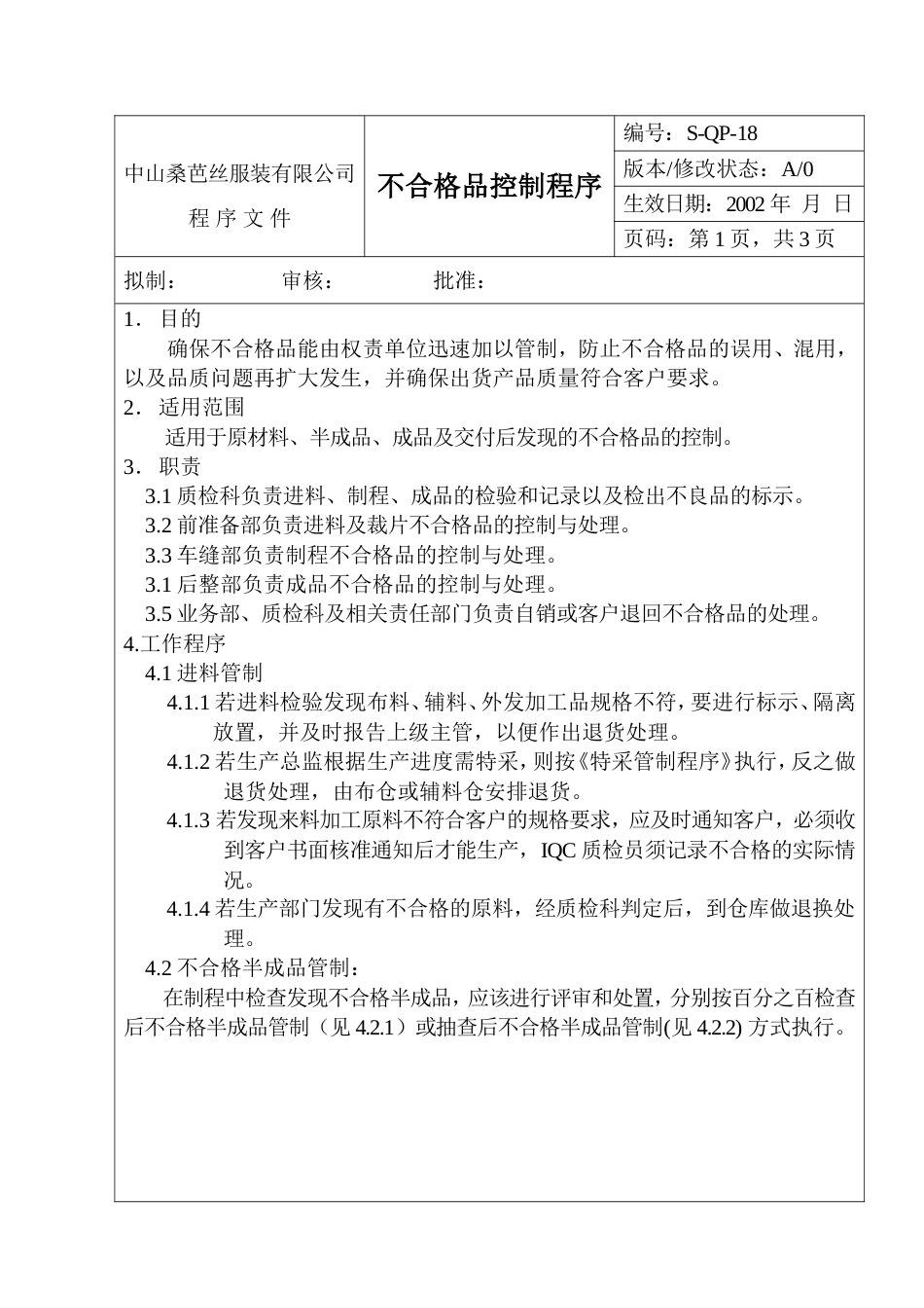 中山服装公管理制度 不合格品控制程序_第1页