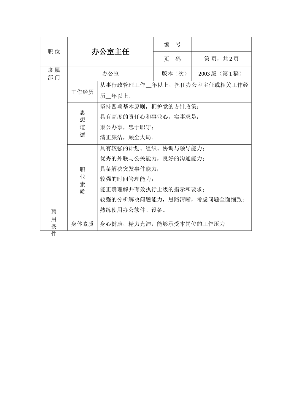 环保工程公司职位说明书 办公室主任职位说明书1_第2页