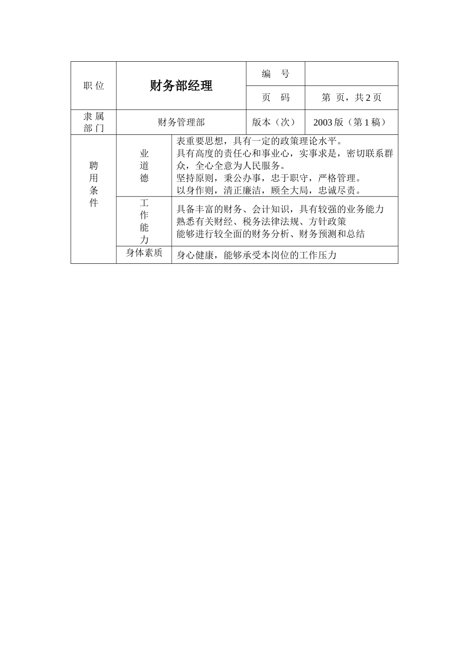 环保工程公司职位说明书 财务经理岗位说明书1_第2页