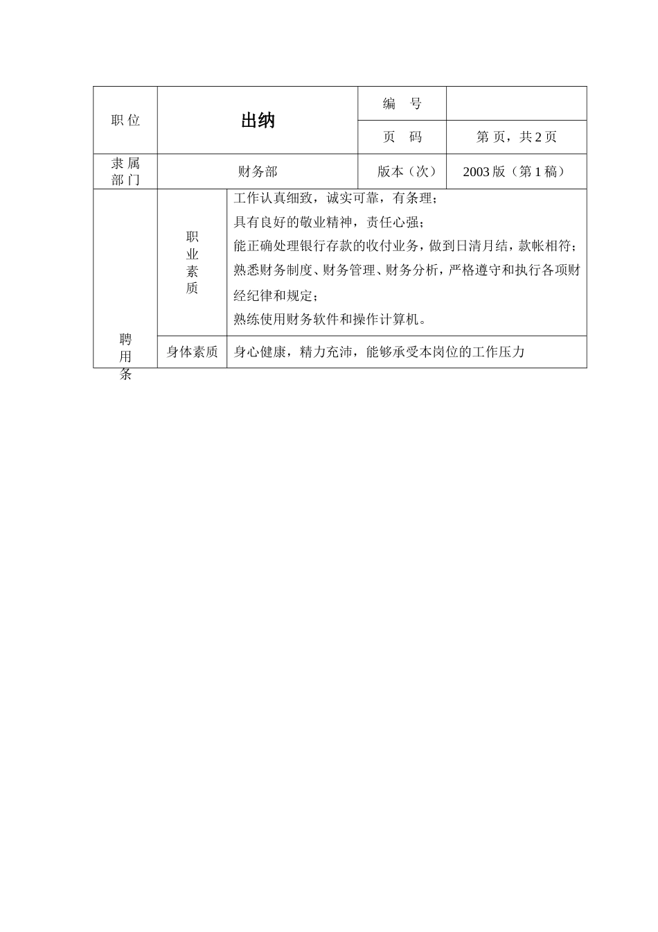 环保工程公司职位说明书 出纳职位说明书1_第2页