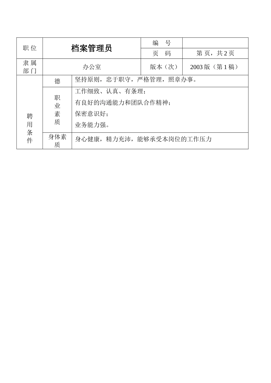 环保工程公司职位说明书 档案管理职位说明书_第2页