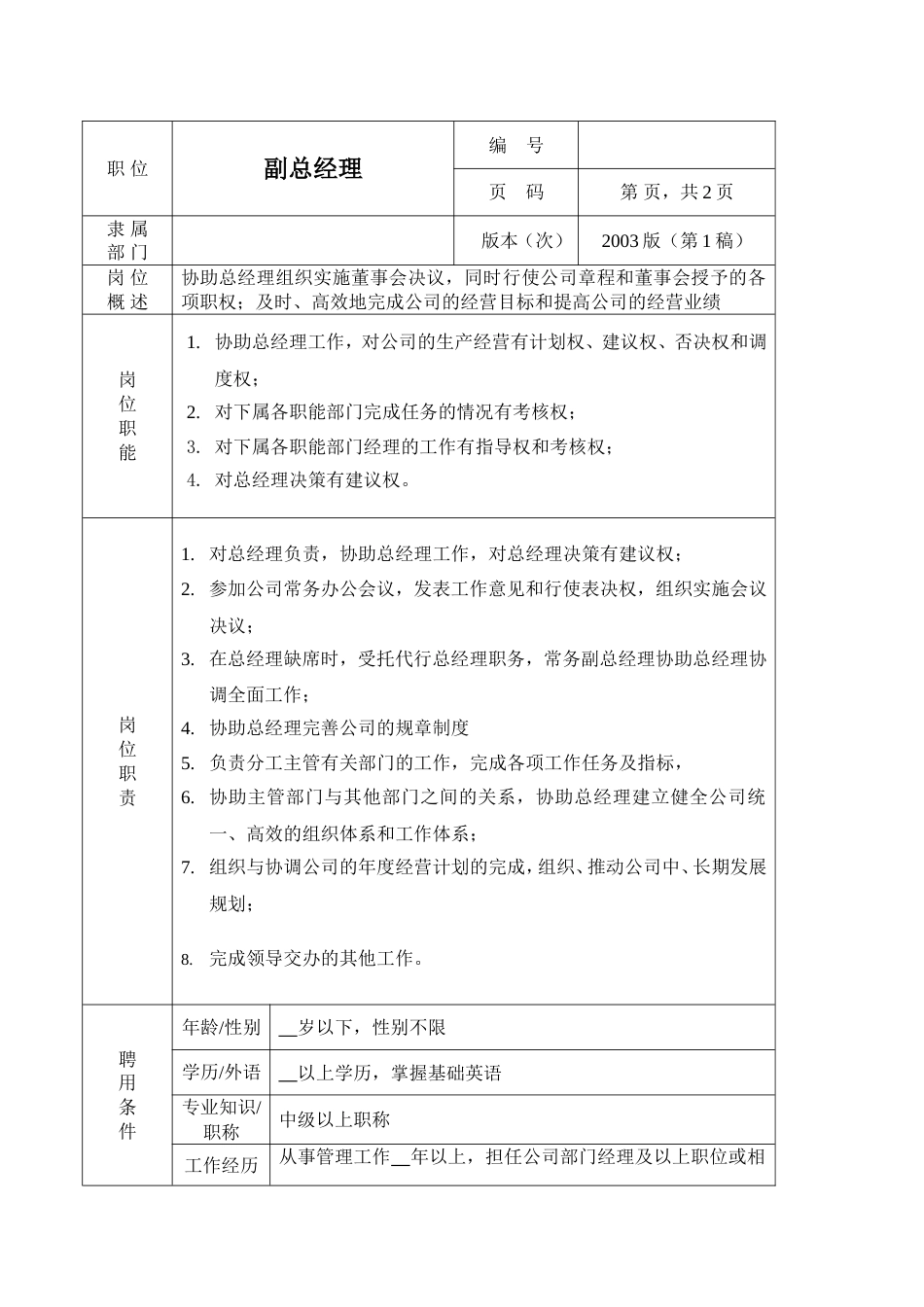 环保工程公司职位说明书 副总经理职位说明书_第1页