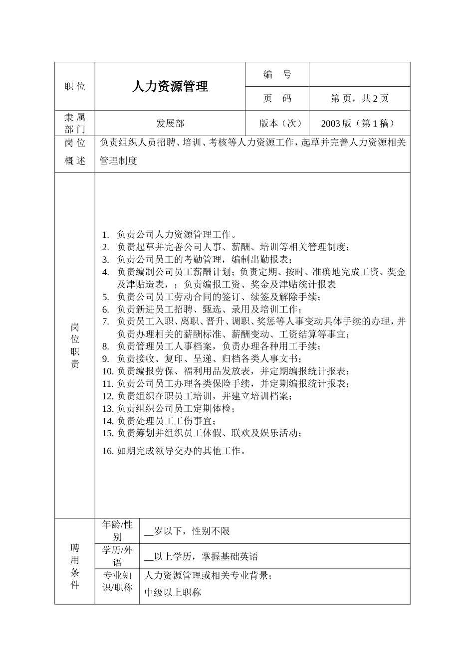 环保工程公司职位说明书 人力资源管理职位说明书1_第1页