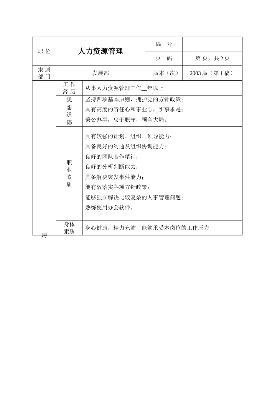 环保工程公司职位说明书 人力资源管理职位说明书1_第2页