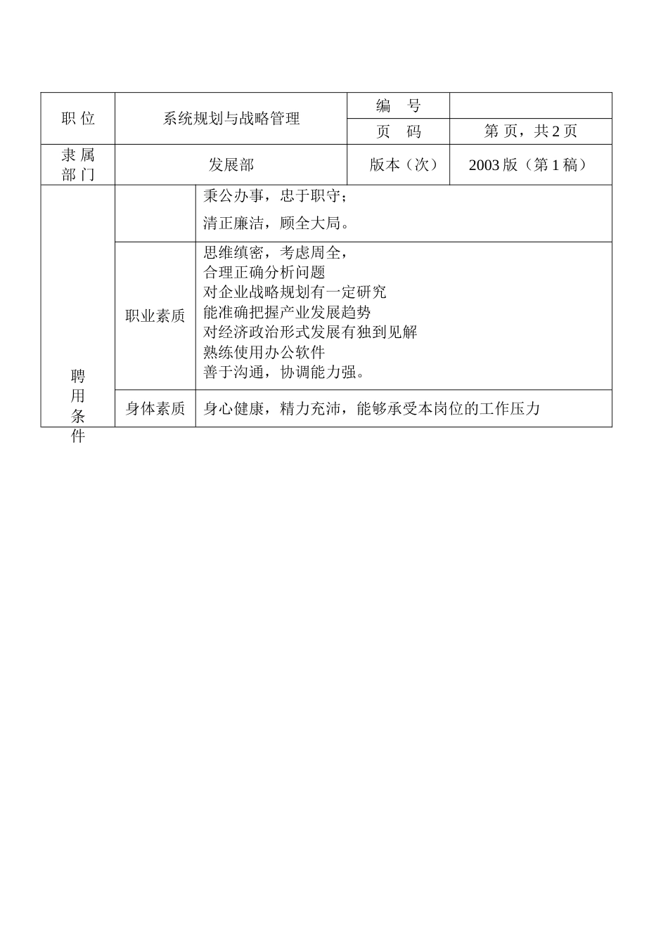 环保工程公司职位说明书 系统规划与战略管理_第2页