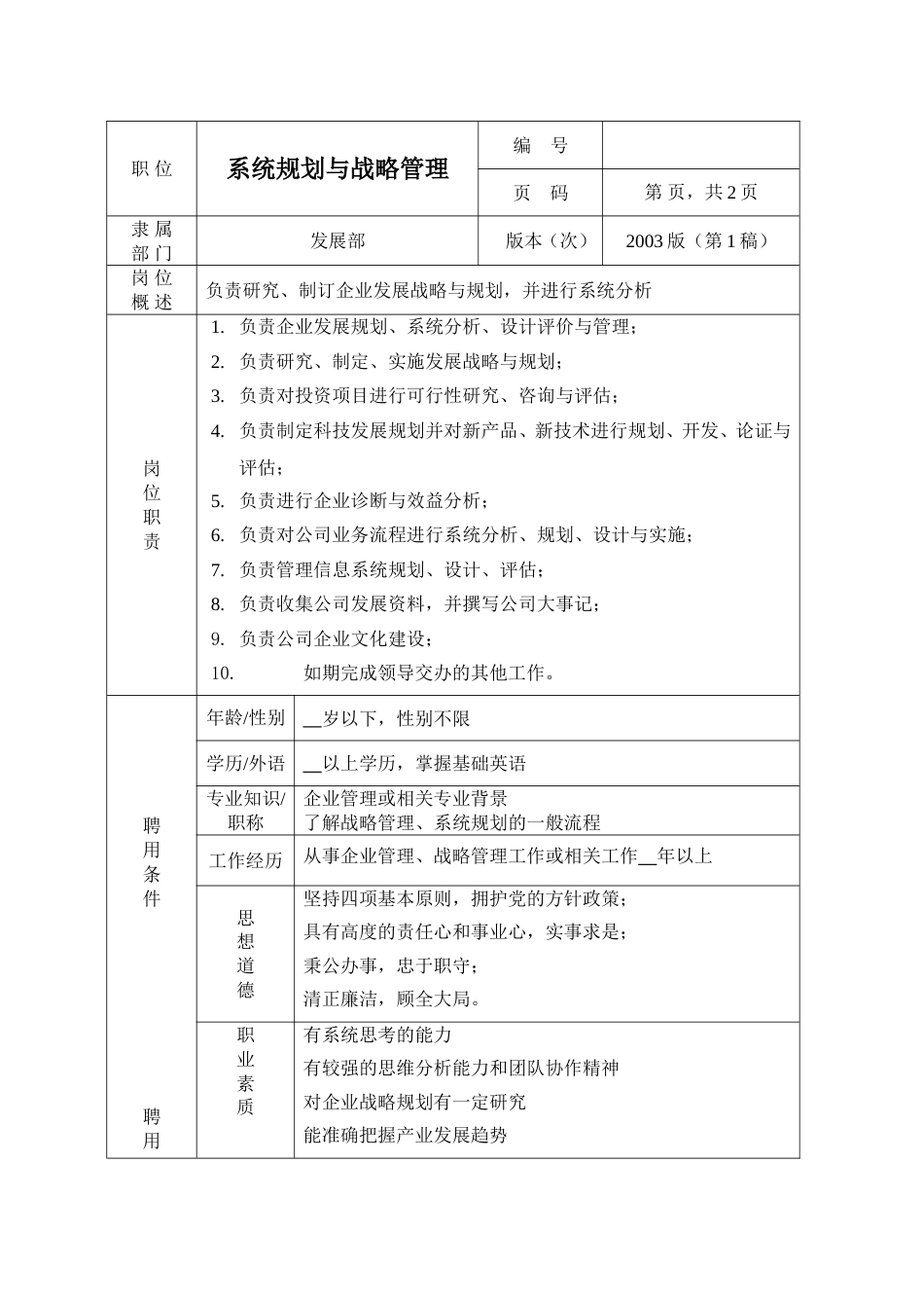 环保工程公司职位说明书 系统规划与战略管理职位说明书_第1页